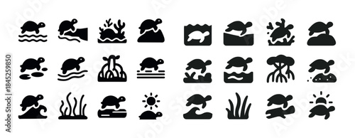 Collection of turtle icons depicting various aquatic activities