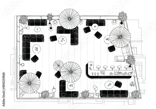 Top View Blueprint of Modern Outdoor Lounge Area with Bar and Seating layout architecture interior design icons exclusive