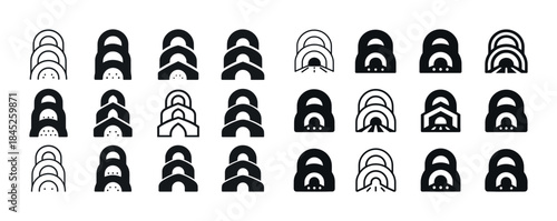 Minimalist black and white arches icon set with diverse geometri