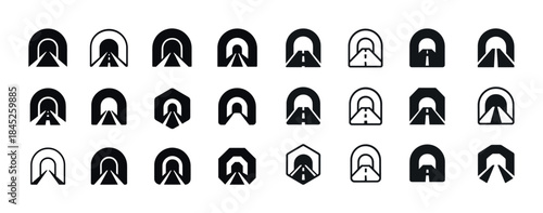 Diverse tunnel icon set: minimalist black silhouettes in geometr