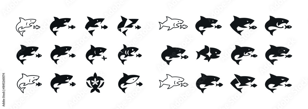 Fototapeta premium Shark evolution icons: simple black and white designs illustrate