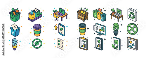 Eco-friendly icons: recycling, plants, sustainability, technolog