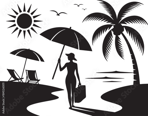 Woman arrives at tropical beach vacation spot