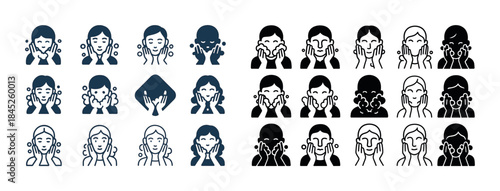 Black and white skincare routine icons featuring diverse facial