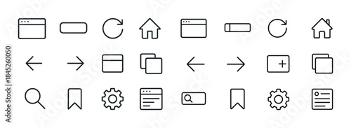 Minimalist ui icons: arrows, house, search, tabs, gear, bookmark