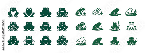 Set of stylized frog icons in various poses and styles