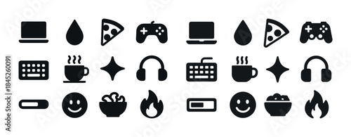 Technology and leisure icons: laptop, pizza, game controller, he