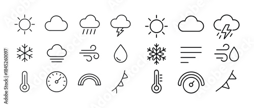 Minimalist weather icons set featuring sun, rain, clouds, snow,