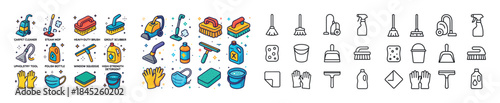 Colorful and outline cleaning tools and supplies icons