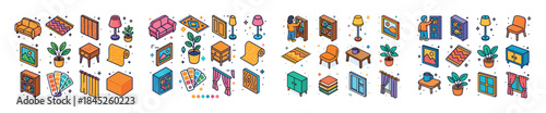 Isometric room decor icons set: furniture, plants, curtains, lig