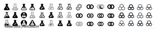 Black and white laboratory flasks and molecules icon set