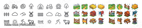 Agriculture icons: farm, tractor, barn, hay, animals, landscape
