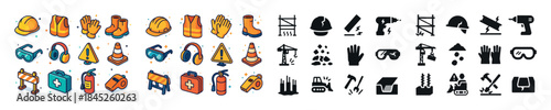 Construction safety equipment icons: helmets, boots, gloves, too