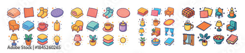 Colorful cozy icons of home decor and comfort items including fu