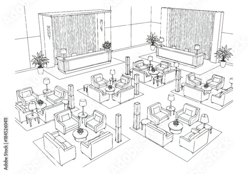 Modern Commercial Waiting Area Design Sketch Reception Seating Zones and Contemporary Elements layout architecture interior design icons exclusive