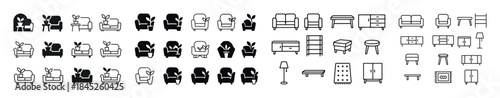 Minimalist furniture icons: sofa, chair, desk, lamp, dresser, st