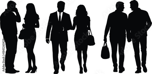 The image presents a series of silhouette figures depicting various pairs of people walking together or standing close.
