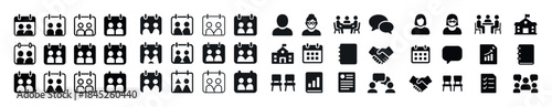 Diverse meeting and collaboration icons set in black and white