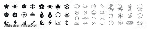 Weather and nature icons set: sun, clouds, rain, snow, flowers,