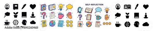 Colorful self-reflection icons with books, coffee, and question