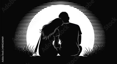 Romantic Couple Sunset Silhouette Vector Illustration