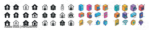 Diverse smart home device icons in monochrome and colorful style