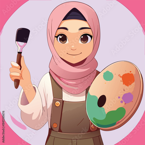 Girl painter draws on canvas with brush. Vector cartoon illustration of beautiful woman artist with paintbrush