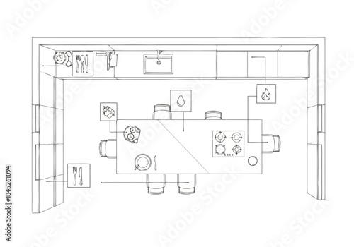 Top Down View of a Modern Kitchen and Dining Area Blueprint with Appliances and Furniture Layout layout architecture interior design icons exclusive