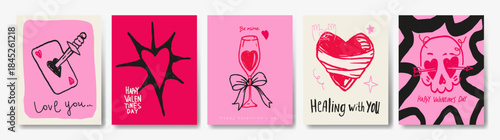 Dark, edgy Valentine's Day illustrations: skulls with heart eyes, spiked stars, hearts with knives, and bandaged hearts — perfect for gothic, alternative romance designs.