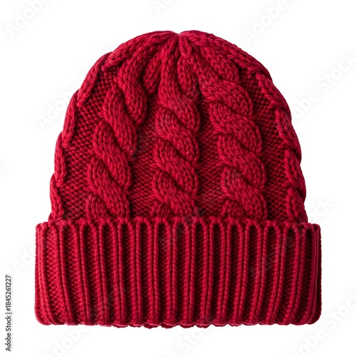 A macro, overhead flat lay view of a crimson red, heavy-gauge cable knit wool beanie. Every stitch is visible, highlighting the intricate texture. Perfect lighting emphasizing shadow detail within the