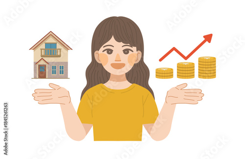 建物の資産価値が上昇して喜ぶ女性のイラスト