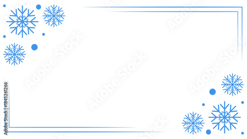 Blue snowflake winter frame. Rectangular, horizontal blank greeting card. Vector illustration.