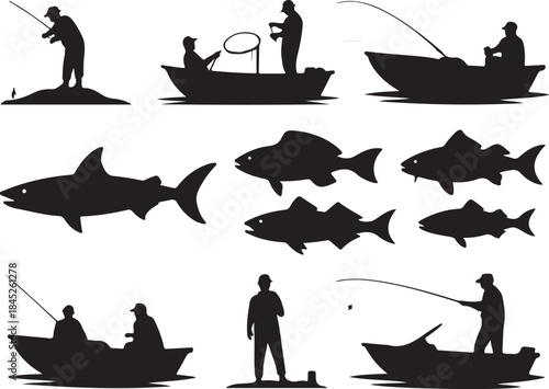 Fishing silhouettes vector set for sport