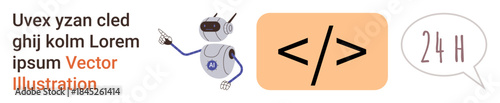 Artificial intelligence, coding, automation, customer service, 24-hour support, technology. A robot points to a code symbol beside a 24-hour speech bubble. AI and coding service concept