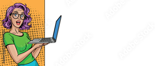 A beautiful surprised girl with a laptop against the background of a blank banner in pop art style