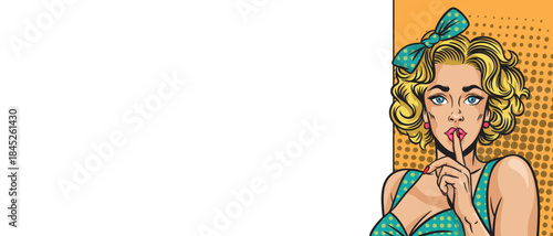 A beautiful girl against the background of a blank banner in pop art style