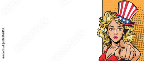 A beautiful American girl points at you against the backdrop of a blank pop art banner