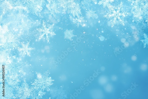Sparkling Snowflakes Floating on Blue Winter Background.