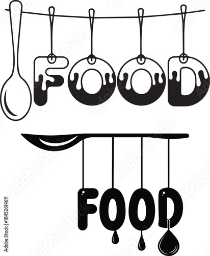 Dripping Food Word Art with Spoons - Black and White Line Illustration