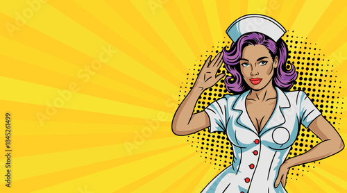 A beautiful doctor shows on a colored background in pop art style