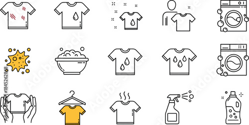 Laundry and Washing Line Icons Set, Dirty T-Shirt and Stain, Washing Machine, Detergent Bottle, Cleaning Service Vector Graphic, Housekeeping Concept.