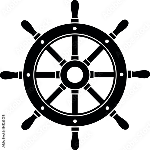 Nautical ship wheel silhouette icon, maritime steering helm symbol, ocean navigation concept, vintage sailing design isolated on white background vector