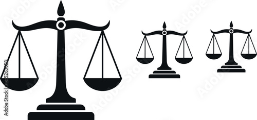 Scales of Justice Icon Set Black Silhouette, Law and Legal Symbol, Balance and Equality Vector Graphic, Court System Element, Lawyer Business Card Design.