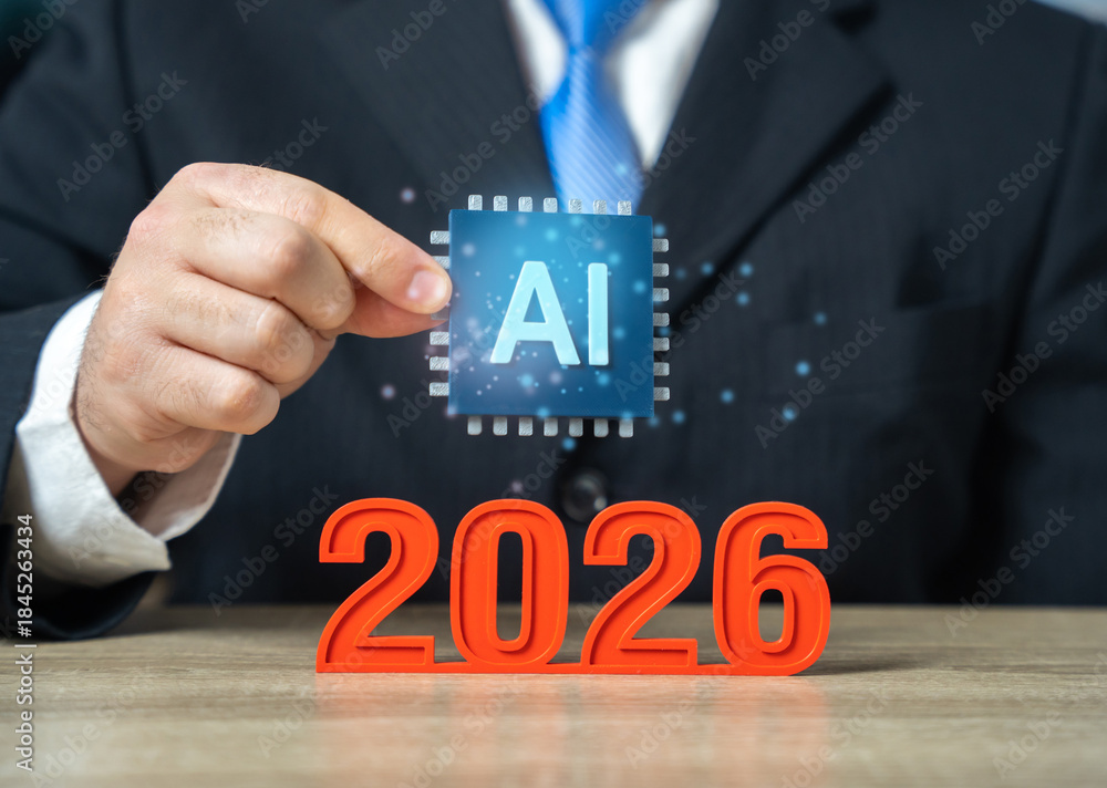Obraz premium AI in 2026. Forecasts and Trends. Artificial Intelligence. Automation and machine learning. Business adoption, regulation and societal impact of intelligent systems.
