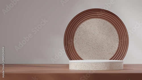 terrazzo pattern podium seamless loop shadow animation with white wall and brown circle, 3d video render mockup template
