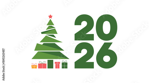 Modern Christmas tree with gifts and 2026 date