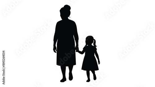 A mother and child walking hand in hand a striking black silhouette