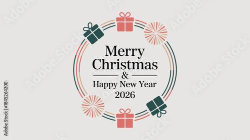 Merry Christmas and Happy New Year 2026 festive greeting card