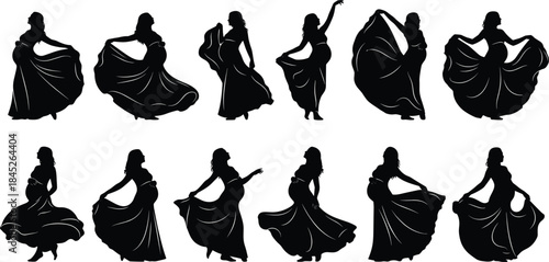 Elegant Pregnant Women Dancing Silhouette Collection, Maternity Dress Flowing Fabric, Beautiful Expectant Mother Posing, Vector Graphic Design Elements, Pregnancy Photo Shoot Inspiration.