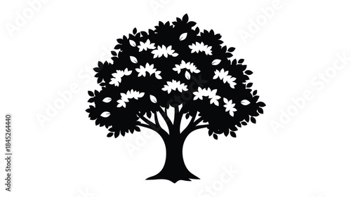A detailed black tree with lush foliage presented as a striking silhouette